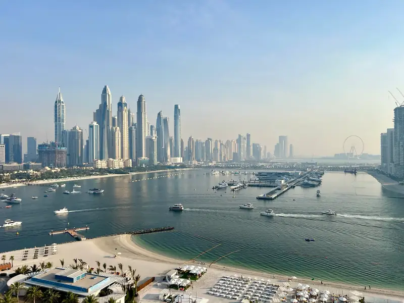 Dubai Marina skyline above the beach and harbour