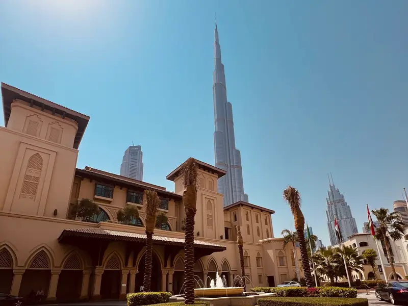 A palace-style courtyard in Downtown Dubai with the Burj Khalifa behind